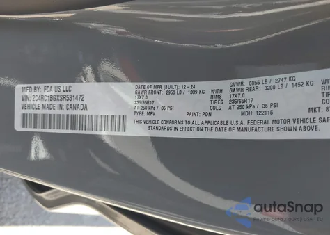 2025 Chrysler Pacifica Select из США, поврежденный, VIN 2C4RC1BGXSR531472